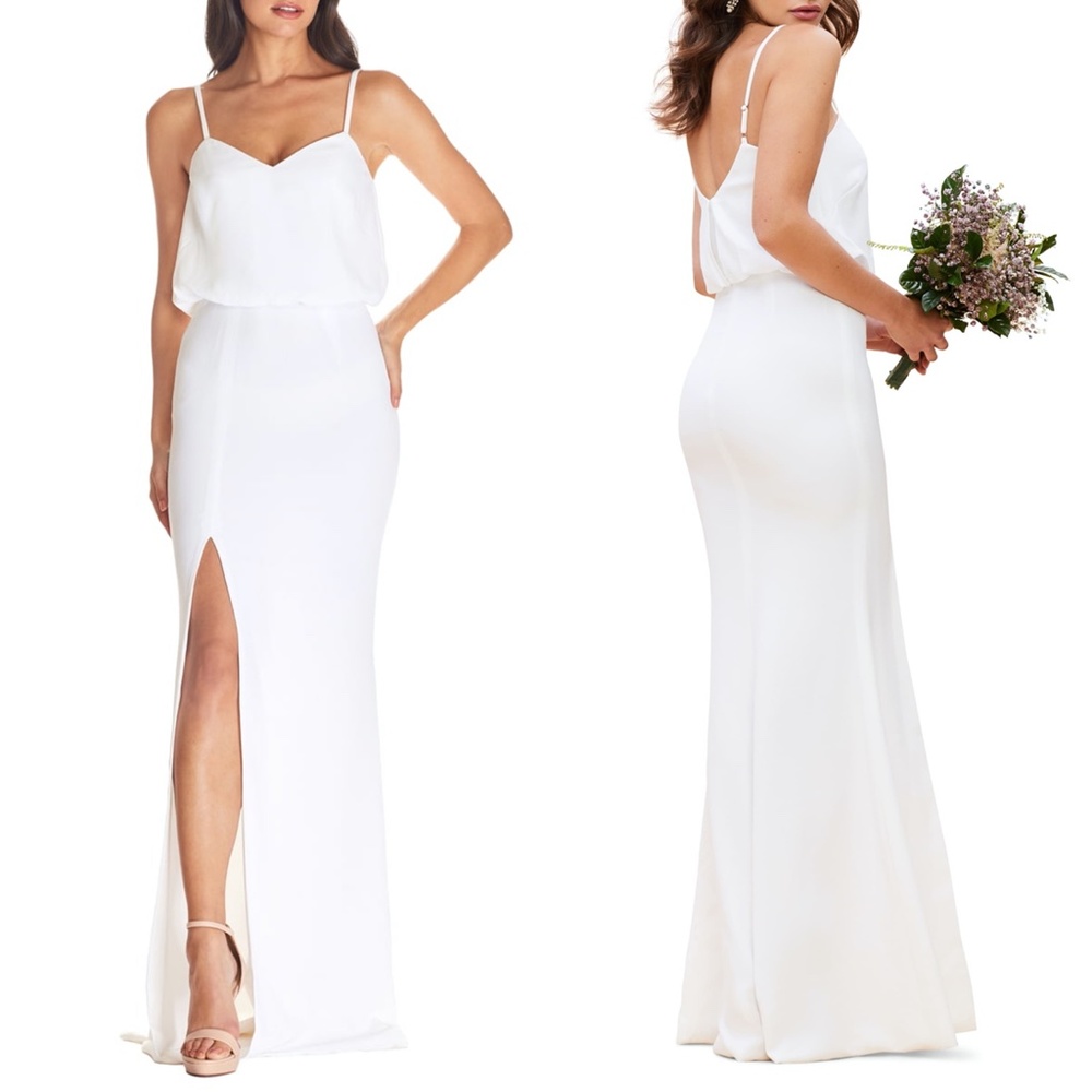 NEW DRESS THE POPULATION Off White GRACELYN Blouson JERSEY Slit Bridal GOWN